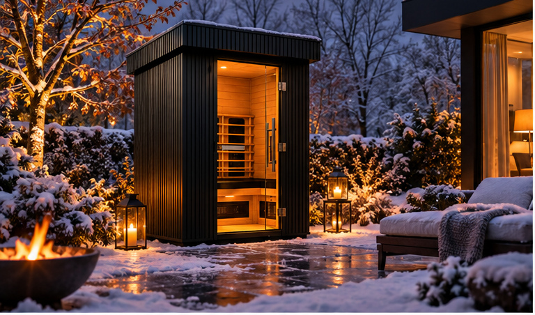 Health Mate Outdoor infraroodcabine in een tuin bij schemering